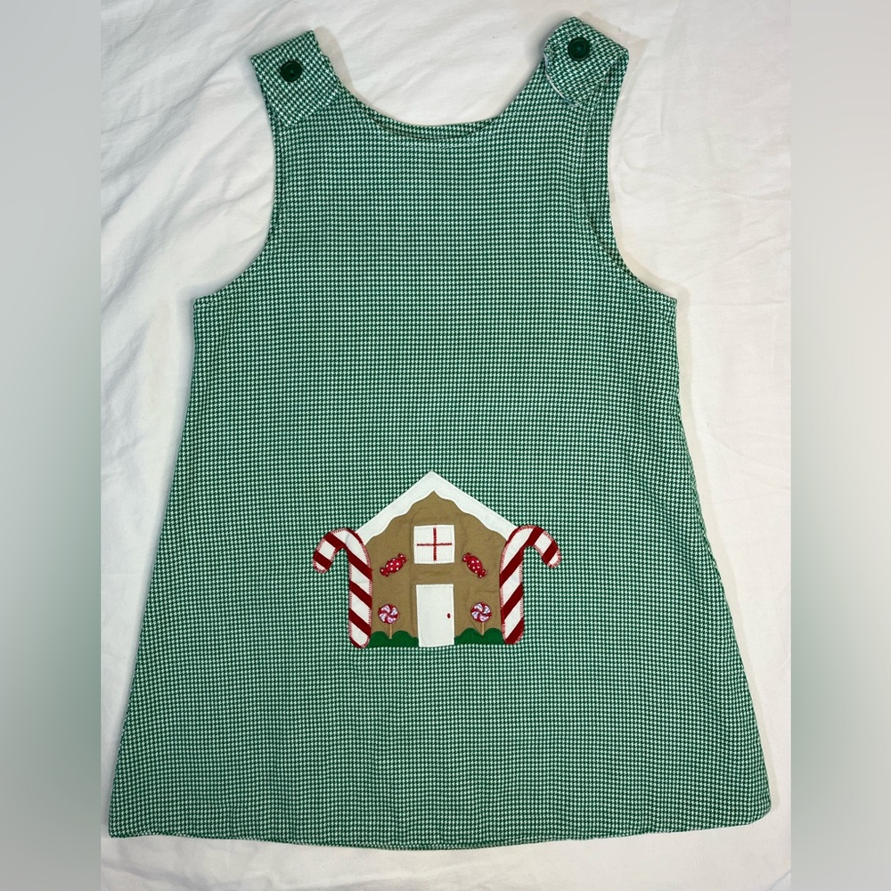 Reversible Green Pinafore Dress w/Gingerbread House and Zebra Appliqués Girls 6